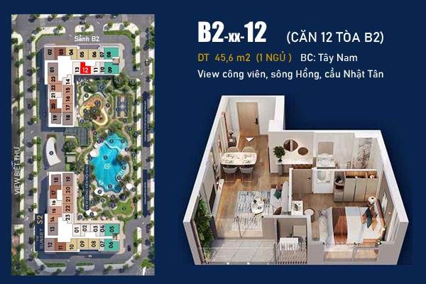 LAYOUT CĂN 12 TÒA B2  (1 NGỦ / 45,6 m2) BC: TÂY BẮC